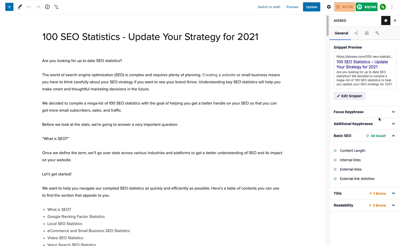 All in One SEO interface preview